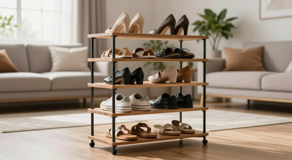 A modern, elegant vertical shoe organizer displayed in a stylish living room setting. The foreground features the shoe organizer, crafted from wood and metal, with multiple shelves neatly showcasing an array of shoes such as heels, sneakers, and sandals in various colors. The middle ground includes a contemporary couch and decorative plants, adding warmth to the scene. The background reveals a softly lit window, allowing natural light to fill the room, creating a bright and inviting atmosphere. The image is captured from a slight angle to emphasize the height and design of the organizer, with a shallow depth of field that keeps the focus on the shoe organizer while blurring the surroundings. Overall, the mood is organized, minimalist, and aesthetically pleasing, perfect for showcasing a practical storage solution. Organizador de Sapatos Vertical: Como Escolher?