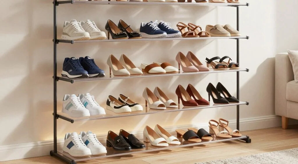 A stylish and modern vertical shoe organizer, elegantly arranged with various types of footwear. In the foreground, showcase a range of shoes including sneakers, heels, and sandals neatly organized on clear shelves. The middle section features soft ambient lighting that casts gentle shadows, enhancing the texture of the shoes and the sleek design of the organizer. In the background, a minimalistic room decor with neutral colors complements the shoe organizer, creating a clean, sophisticated atmosphere. The image is captured from a slightly elevated angle to showcase the depth and variety of the shoe collection, evoking a sense of organization and elegance. The overall mood is bright, inviting, and practical, perfect for a home setting. Organizador de Sapatos Vertical: Como Escolher?