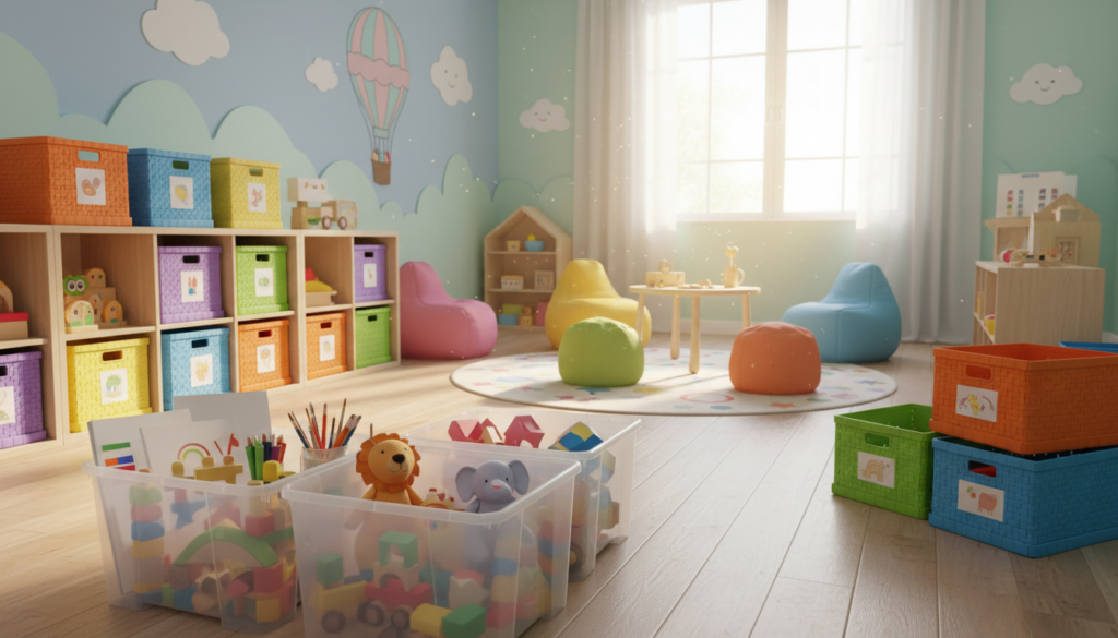 A beautifully organized children's playroom featuring a variety of colorful storage boxes neatly arranged on shelves and the floor. In the foreground, there are cheerful wooden toys, plush animals, and art supplies displayed within clear storage bins, inviting creativity and order. The middle layer showcases a soft rug with a playful pattern, surrounded by low tables and comfortable seating for kids. In the background, gently lit natural light streams in through a large window, illuminating the room and highlighting pastel-colored walls with playful decorations. The atmosphere is bright, welcoming, and filled with a sense of fun and organization, embodying the ideal planning of children's spaces. The scene is captured from a slightly elevated angle to showcase the layout and organization effectively.