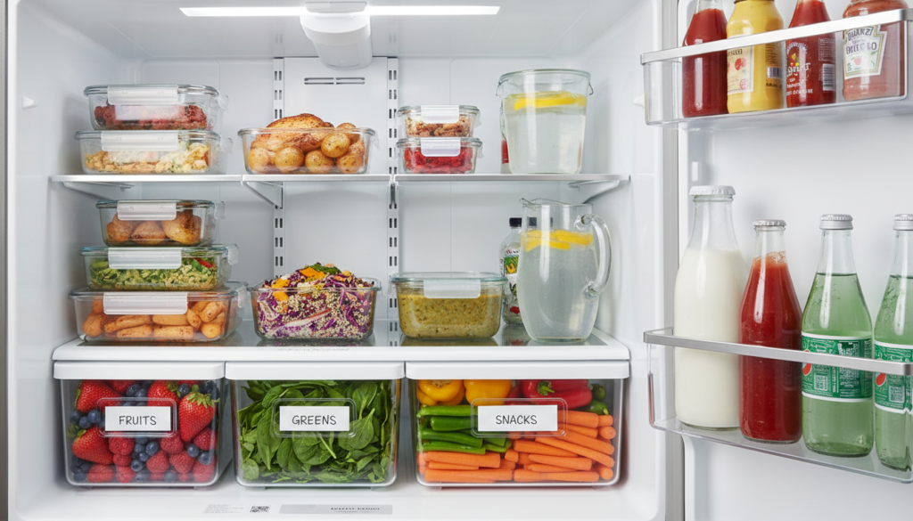 A beautifully organized refrigerator interior showcasing optimal storage solutions. In the foreground, clear plastic bins neatly contain fruits, vegetables, and snacks, labeled thoughtfully for easy access. In the middle section, shelves display glass containers filled with prepped meals, arranged by color for a visually pleasing effect. The background features a door filled with condiments and drinks, all neatly arranged. Soft, natural lighting illuminates the scene, enhancing the freshness of the food and creating a welcoming atmosphere. The angle is slightly tilted for an immersive view, emphasizing organization and simplicity, perfect for conveying the theme of transforming your refrigerator and simplifying your routine. No text or overlays present.