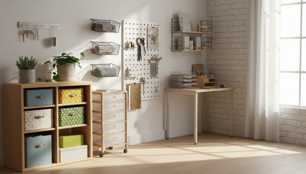 A beautifully organized small home space showcasing seven distinct types of organizers. In the foreground, a sleek wooden shelf is elegantly filled with neatly folded cloth bins, colorful storage boxes, and a few decorative plants. In the middle, a compact wall unit features hanging metal baskets, adding a modern touch. A stylish pegboard displays various tools and craft supplies, encouraging creativity. The background includes a cozy corner with a tidy desk, where files are arranged in a minimalistic organizer. Natural light filters in through a window, creating a warm and inviting atmosphere. The composition emphasizes functionality and aesthetic appeal, infused with a sense of harmony and order. The perspective is slightly angled to capture the depth of the room, with soft shadows enhancing the scene.