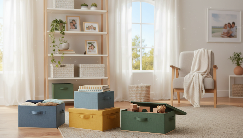 A beautifully organized space showcasing a variety of storage boxes in a cozy living room. In the foreground, neatly stacked colorful boxes in different shapes and sizes, filled with neatly folded clothes and books. The middle layer features a stylish shelving unit lined with decorative storage boxes, plants, and framed photos, creating an inviting atmosphere. In the background, a large window allows soft, natural light to flood the room, highlighting the organized environment. The mood is serene and harmonious, emphasizing the importance of organization. The scene is viewed from a slight angle, capturing the depth of the room while maintaining focus on the organized boxes and tidy arrangement, inviting viewers to visualize a clutter-free home.