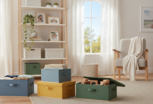 A beautifully organized space showcasing a variety of storage boxes in a cozy living room. In the foreground, neatly stacked colorful boxes in different shapes and sizes, filled with neatly folded clothes and books. The middle layer features a stylish shelving unit lined with decorative storage boxes, plants, and framed photos, creating an inviting atmosphere. In the background, a large window allows soft, natural light to flood the room, highlighting the organized environment. The mood is serene and harmonious, emphasizing the importance of organization. The scene is viewed from a slight angle, capturing the depth of the room while maintaining focus on the organized boxes and tidy arrangement, inviting viewers to visualize a clutter-free home.