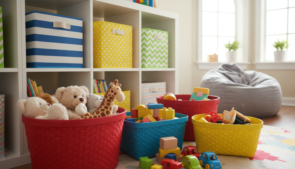 A cozy playroom scene featuring a variety of organized storage boxes and baskets. In the foreground, colorful wicker baskets in bright hues like red, blue, and yellow hold an assortment of toys, from plush animals to building blocks. In the middle ground, neatly arranged fabric storage boxes with playful patterns like stripes and polka dots are displayed on a low shelf, showcasing their practicality. The background features a softly illuminated window allowing natural light to filter in, enhancing the inviting atmosphere. The overall mood is cheerful and organized, capturing the essence of a well-maintained play space. The image is taken from a slightly elevated angle, providing a clear view of the storage solutions without any text or distractions.