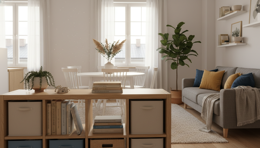 A cozy, well-organized small living space that highlights key elements of effective organization. In the foreground, there’s a stylish, multi-functional storage unit filled with neatly arranged bins and books, showcasing efficient use of space. The middle ground features a compact, elegant dining table with neatly stacked chairs, paired with decorative plants that enhance the ambiance. The background reveals a soft-lit room with light-colored walls and large windows, allowing natural sunlight to flood the space, creating an inviting atmosphere. A warm color palette adds a sense of tranquility, while the focus on organization illustrates how thoughtful design maximizes small environments. The overall mood is uplifting and practical, perfect for inspiring readers about the importance of organization in compact living areas.