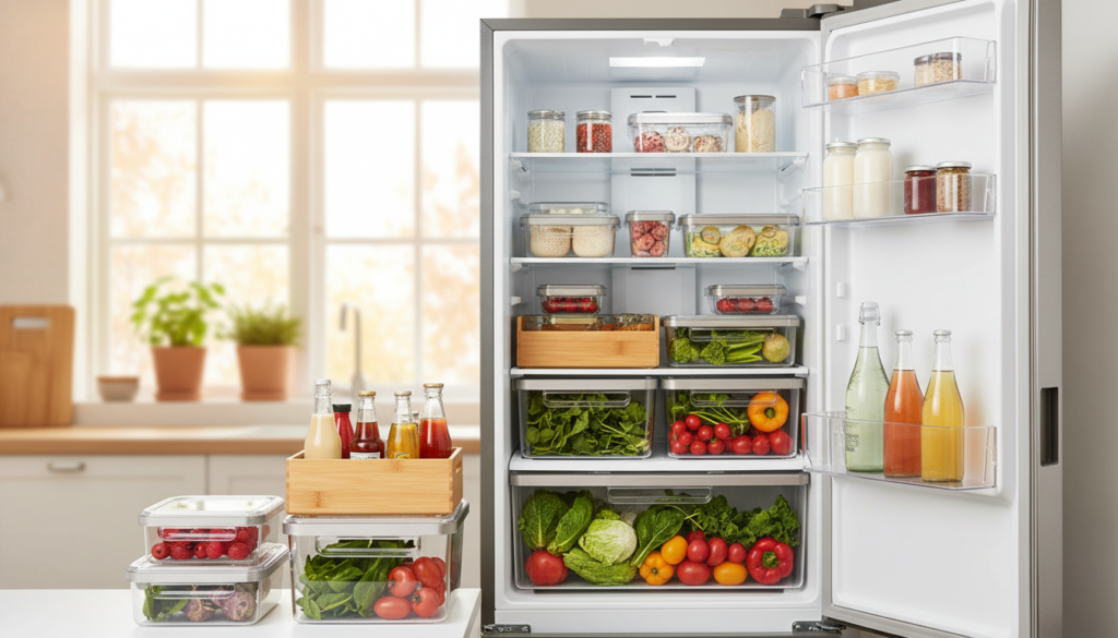 A modern kitchen scene featuring a neatly organized refrigerator. In the foreground, focus on a variety of stylish refrigerator organizers made of clear plastic and bamboo, displaying fruits, vegetables, and condiments in an orderly fashion. In the middle ground, showcase a sleek, open refrigerator with shelves filled with the organizers, demonstrating effective space utilization. The background should include a sunlit kitchen, with warm natural light flooding in through a window, adding a cozy atmosphere. Use a shallow depth of field to slightly blur the background, emphasizing the organizers. The mood should be fresh, inviting, and practical, highlighting the importance of decluttering and organizing kitchen spaces.