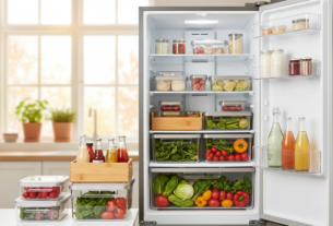A modern kitchen scene featuring a neatly organized refrigerator. In the foreground, focus on a variety of stylish refrigerator organizers made of clear plastic and bamboo, displaying fruits, vegetables, and condiments in an orderly fashion. In the middle ground, showcase a sleek, open refrigerator with shelves filled with the organizers, demonstrating effective space utilization. The background should include a sunlit kitchen, with warm natural light flooding in through a window, adding a cozy atmosphere. Use a shallow depth of field to slightly blur the background, emphasizing the organizers. The mood should be fresh, inviting, and practical, highlighting the importance of decluttering and organizing kitchen spaces.