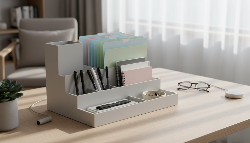 A modern, stylish organizer box on a clean, minimalist wooden desk, surrounded by various office supplies like pens, notebooks, and a small plant for a touch of color. The organizer has multiple compartments, showcasing neatly arranged items such as colored folders, stationery, and personal items, emphasizing functionality. The background features a softly blurred, well-lit room with a large window letting in natural light, casting gentle shadows for depth. A cozy, professional atmosphere is conveyed, inviting viewers into a space of organization and efficiency. The image should be taken from a slightly elevated angle, focusing on the box and its contents, ensuring a clear, clean view without distractions.