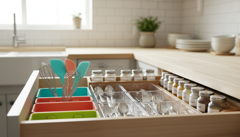 A neatly organized kitchen drawer filled with an array of affordable kitchen organizers from Amazon, showcasing compartments for utensils, spices, and kitchen tools. The foreground features vibrant silicone utensil holders, sleek plastic dividers, and rustic wooden spice racks, all arranged in an inviting manner. In the middle, a soft-focus view of a bright, modern kitchen can be seen, with light streaming in from a nearby window, casting gentle highlights on the organizers. The background includes subtle hints of kitchen decor, such as plants and dishware, enhancing the atmosphere of a tidy cooking space. The image conveys a sense of order and efficiency, inviting viewers to imagine a clutter-free kitchen environment.