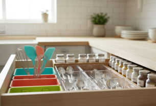 A neatly organized kitchen drawer filled with an array of affordable kitchen organizers from Amazon, showcasing compartments for utensils, spices, and kitchen tools. The foreground features vibrant silicone utensil holders, sleek plastic dividers, and rustic wooden spice racks, all arranged in an inviting manner. In the middle, a soft-focus view of a bright, modern kitchen can be seen, with light streaming in from a nearby window, casting gentle highlights on the organizers. The background includes subtle hints of kitchen decor, such as plants and dishware, enhancing the atmosphere of a tidy cooking space. The image conveys a sense of order and efficiency, inviting viewers to imagine a clutter-free kitchen environment.