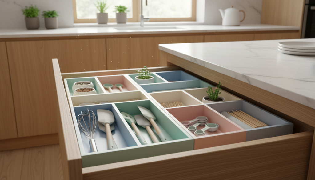 A well-organized kitchen drawer with an aesthetically pleasing drawer organizer in soft pastel colors. The foreground features a wooden drawer partially opened, showcasing neatly separated compartments filled with various kitchen utensils: spatulas, whisks, measuring spoons, and small containers. In the middle, the drawer organizer is clearly visible, with a smooth surface that reflects natural light, emphasizing its functional design. The background captures a clean, modern kitchen setting with light cabinetry and an inviting atmosphere, sunlight gently streaming through a window. The image conveys a sense of order and efficiency, highlighting how a simple organizer can transform a cluttered space into a visually appealing and functional area. The overall mood is bright and cheerful, suitable for a kitchen theme.