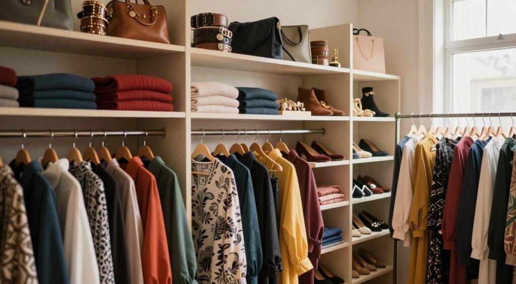 Diferentes tipos de roupas e acessórios organizados