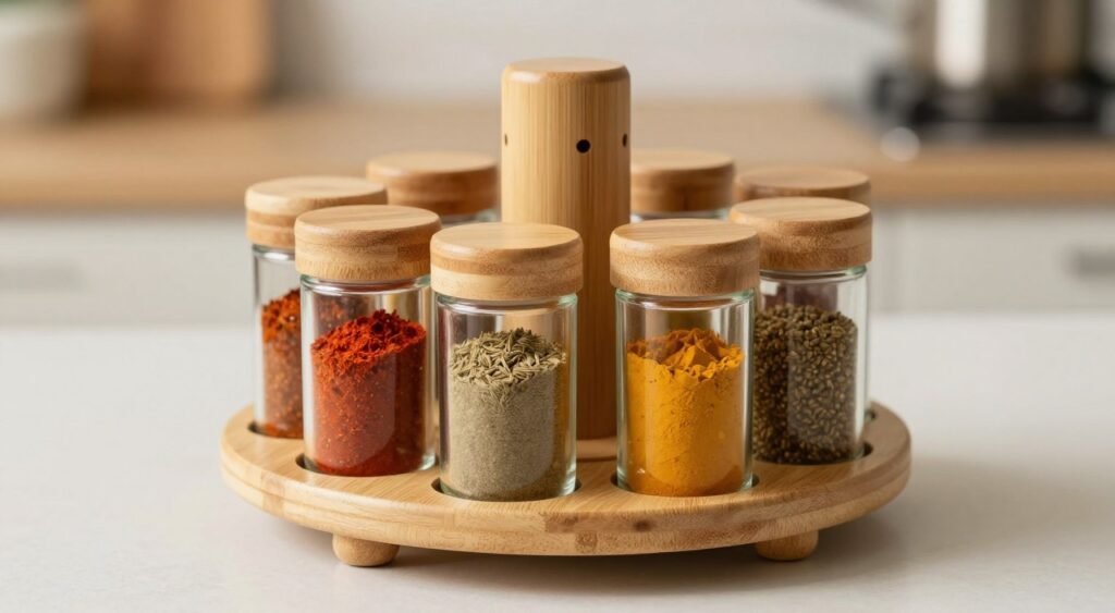 porta temperos giratório com materiais bambu plástico vidro