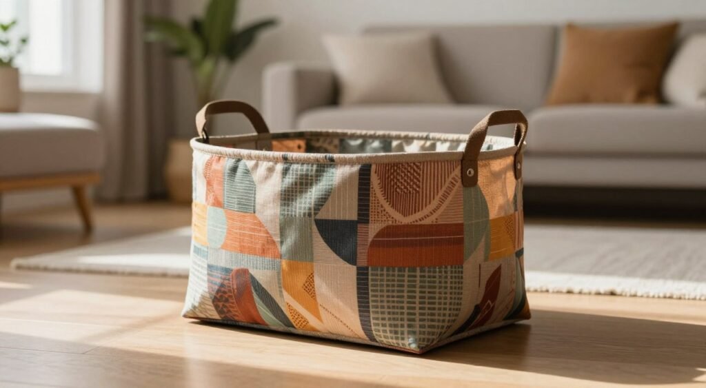 A beautifully crafted foldable waterproof fabric basket sits elegantly at the forefront, showcasing its intricate design and vibrant colors. The cesto decorativo features subtle patterns in earthy tones, blending seamlessly with a cozy living room or bedroom setting. In the background, a softly blurred modern interior with warm lighting creates an inviting atmosphere, hinting at decorative plants and stylish furniture. The soft natural light filters through a nearby window, casting gentle shadows that enhance the textures of the fabric basket. The scene captures a sense of organization and charm, perfect for illustrating a stylish storage solution in a contemporary home. The angle is slightly tilted to provide depth, emphasizing the cesto as a focal point while maintaining a sense of harmony with its surroundings.