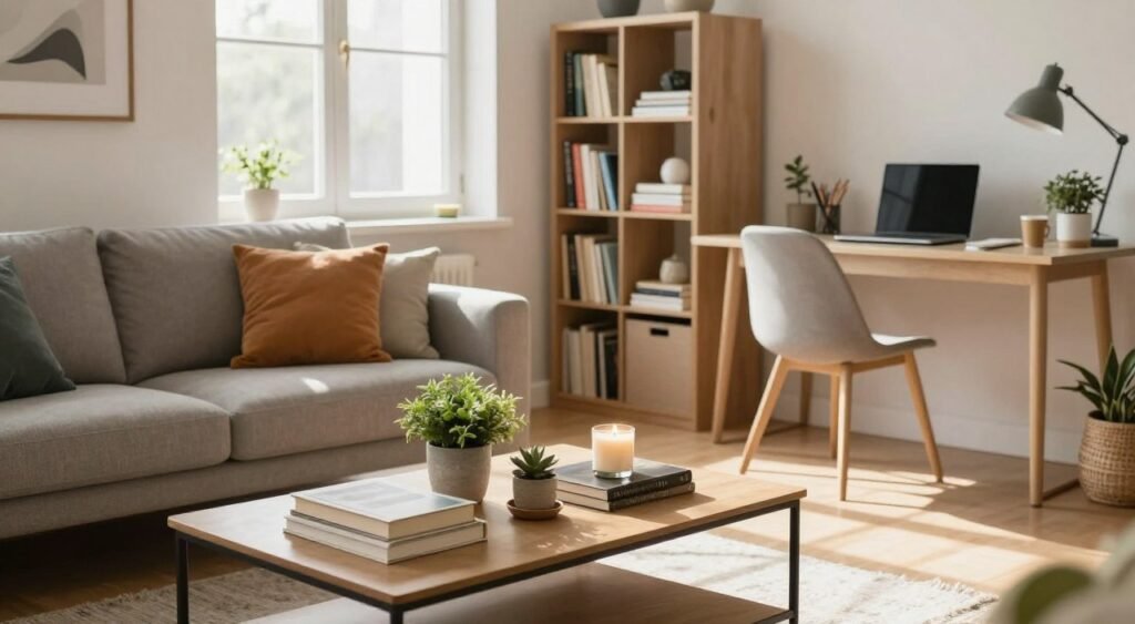 A beautifully organized living space showcasing tips for room organization. In the foreground, a stylishly arranged coffee table with neatly stacked books, decorative plants, and a relaxing scented candle. The middle ground features a cozy sofa with colorful cushions, a neatly organized bookshelf filled with books and decorative items, and a clean workspace with a laptop and stationery. The background reveals a bright window with soft, natural light streaming in, illuminating the room. A warm atmosphere is conveyed with neutral color tones and subtle textures. Long shadows are cast, enhancing depth. The scene embodies harmony and tranquility without any people, focusing solely on the organized environment.
