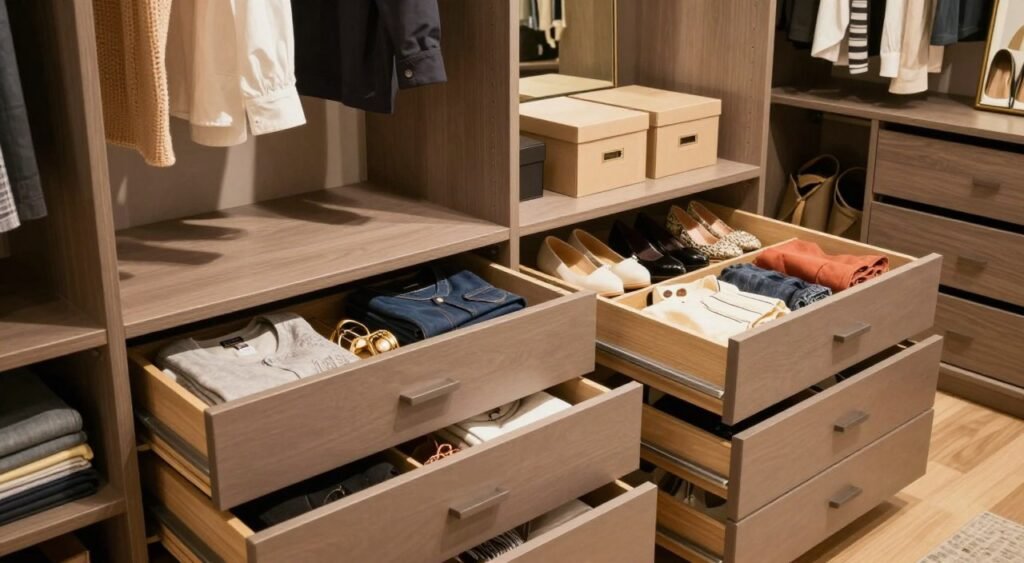 A beautifully organized modern closet featuring vertical drawers and depth organizers designed for couples. In the foreground, showcase an array of sleek vertical drawers with smooth handles, filled with neatly folded clothing and accessories in an array of colors. The middle ground should include a depth organizer, highlighting its efficient use of space, with stylish boxes for shoes and bags. In the background, a softly lit room with warm, inviting colors, showcasing tasteful decor like a mirror and artwork that complements the closet. The lighting should be warm and balanced, creating a cozy atmosphere. The angle should be slightly above eye level to provide a wide view of the entire setup, conveying a sense of openness and organization.