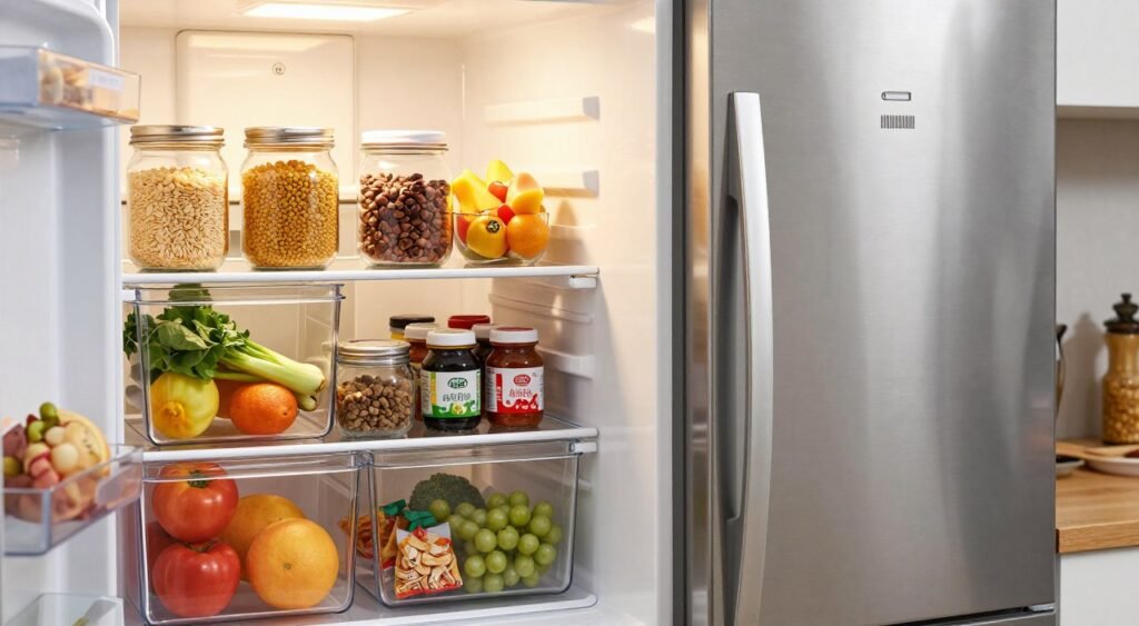 A beautifully organized refrigerator showcasing various types of storage organizers designed for home use. In the foreground, vibrant fruits and vegetables stored in clear, stackable bins highlight freshness, while smaller containers hold sauces and snacks in neat rows. The middle section features labeled jars with grains, pulses, and nuts, harmoniously arranged with a variety of colors. In the background, a sleek stainless-steel fridge provides a modern touch, softly reflecting ambient kitchen lighting. The scene is illuminated with warm, inviting light, capturing the essence of a tidy and efficient kitchen. The overall atmosphere conveys a sense of order and practicality, emphasizing the importance of organization in daily life.