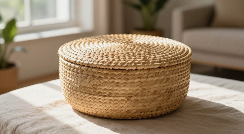 A beautifully woven round straw basket with a tightly fitting lid, intricately designed with natural patterns. The basket is placed on a soft, neutral-toned fabric, showcasing its texture and craftsmanship. In the foreground, the focus is on the delicate weaving of the straw, highlighting the craftsmanship. In the middle, soft natural light streams in from a nearby window, casting gentle shadows that enhance the depth and dimension of the basket. The background features a cozy living room setting with plants and warm, inviting decor, creating a serene atmosphere. Use a shallow depth of field to keep the basket sharp and in focus, while softly blurring the background elements to emphasize the cozy and decorative qualities of the scene.