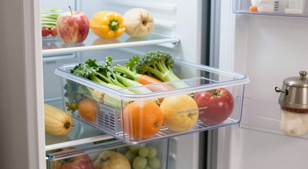 A detailed image of a "Refrigerator Organizer with Internal Drainer, 5 L – Plastic Box" prominently displayed in a modern kitchen setting. In the foreground, focus on the transparent plastic organizer box, showcasing its compartments and built-in draining feature, filled with various fresh vegetables and fruits. The middle ground features a neatly organized refrigerator with evenly spaced shelves, highlighting cleanliness and efficiency. In the background, soft ambient lighting illuminates the kitchen, creating a bright and inviting atmosphere. Use a shallow depth of field to draw attention to the organizer while softly blurring the surroundings. The angle should be slightly overhead, providing a comprehensive view of the organizer's functionality and aesthetic appeal. Ensure the scene is fresh, modern, and appealing to potential users.