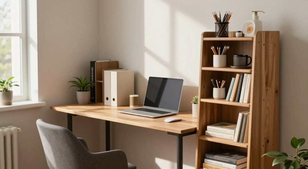 A modern home office scene featuring vertical organizers designed specifically for small spaces. In the foreground, a stylish wooden bookshelf with multiple tiers, elegantly displaying various stationery, books, and decorative items. In the middle ground, a sleek desk with a laptop, surrounded by compact vertical file organizers and a minimalistic plant for a touch of greenery. The background shows a cozy room with natural light filtering through a window, casting soft shadows and giving the space a warm, inviting atmosphere. The overall mood is functional yet aesthetically pleasing, emphasizing an efficient workspace that maximizes vertical storage. Use a well-lit angle to showcase the organization and cleanliness of the setup.