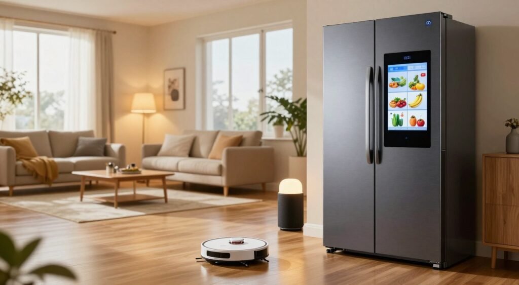 A modern, well-organized home interior showcasing advanced domestic technology. In the foreground, a sleek smart refrigerator with a touchscreen interface displays a digital inventory of groceries. The middle ground features a stylish robot vacuum gliding effortlessly across polished hardwood floors, and a smart speaker emitting soft ambient light. In the background, a cozy living room incorporates smart lighting that adjusts to a warm, inviting glow. Natural light streams through large windows, enhancing the clean and orderly atmosphere. The mood is serene and efficient, reflecting a harmonious blend of comfort and modern convenience. The scene is captured from a slight angle, emphasizing the integration of technology in everyday domestic life, creating a balanced and organized environment.