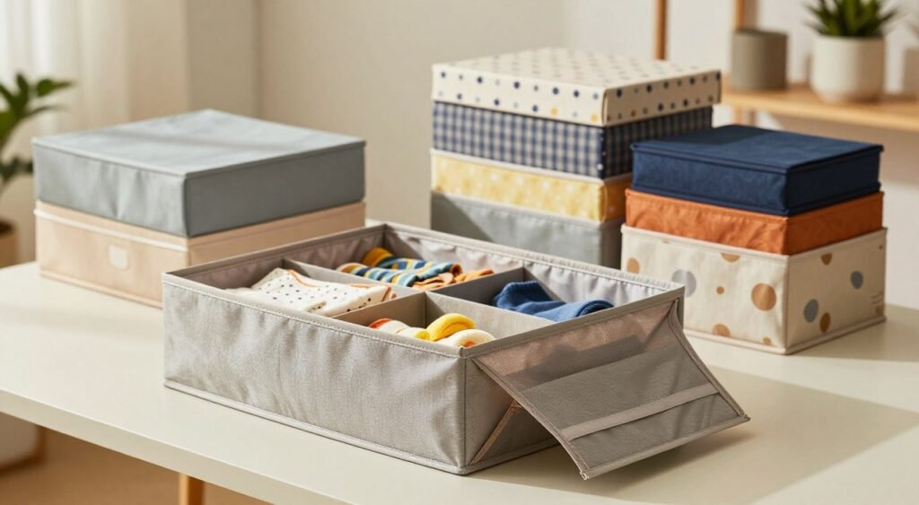 A neatly arranged foldable storage box displayed on a clean, light-colored surface, showcasing its versatility and practicality. In the foreground, focus on the storage box partially open, revealing neatly organized contents like clothing and toys. The middle ground features additional boxes stacked or placed around, illustrating various colors and patterns available, conveying a sense of order and organization. In the background, softly blurred elements like a minimalist room setting with shelves and plants enhance the atmosphere of tranquility and home organization. Warm, natural lighting illuminates the scene, creating inviting shadows and highlighting the textures of the fabric and materials. The overall mood is harmonious, encouraging a sense of tidiness and care in maintaining foldable storage solutions.