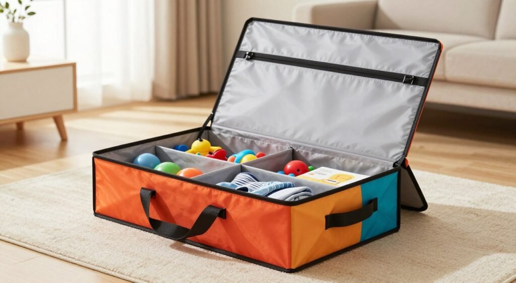A neatly arranged foldable storage box, made of durable fabric, is prominently displayed in the foreground, showcasing its vibrant colors and modern design. The box is open to reveal a neatly organized interior, featuring various household items like toys, books, and clothing inside. In the middle ground, a tidy living space can be seen, with minimalistic furniture that complements the design of the storage box. The background features a softly lit room with a window allowing gentle sunlight to pour in, creating a warm and inviting atmosphere. The scene captures a sense of organization and practicality, ideal for showcasing the benefits of foldable storage solutions, in a bright, clear perspective with a slight overhead angle to highlight the box's features.