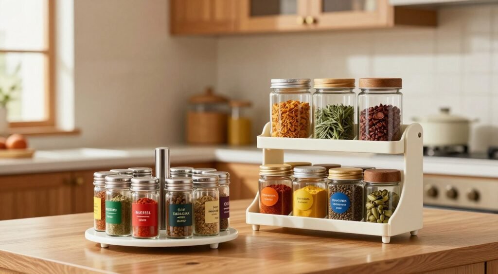 A beautifully organized kitchen featuring two distinct types of spice organizers: a rotating spice rack and a tiered shelf organizer. In the foreground, highlight the rotating spice rack with various colorful spice jars neatly arranged, showcasing vibrant labels. The middle of the image features the tiered shelf organizer, displaying jars and containers of different sizes, filled with spices, herbs, and condiments, emphasizing accessibility and organization. The background shows a cozy kitchen setting with wooden cabinets and warm lighting, creating an inviting atmosphere. Use a soft focus on the background to keep the attention on the organizers, and employ gentle natural light filtering in from a nearby window, enhancing the overall warmth of the scene.