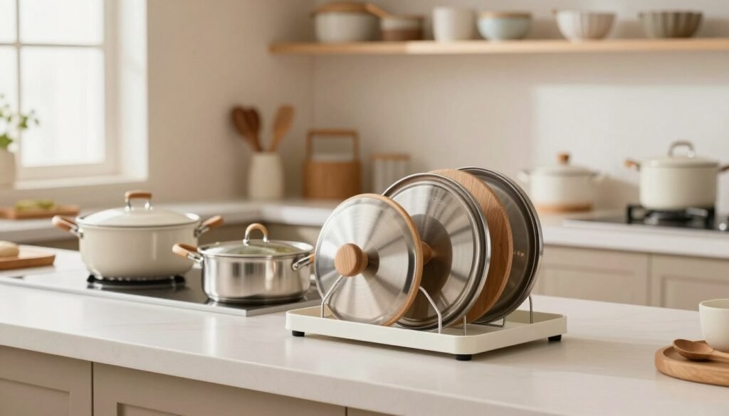 A beautifully organized kitchen space featuring a modern pot lid organizer displayed prominently on a countertop. In the foreground, the pot lid organizer is neatly holding various sizes of pot lids, crafted in stainless steel and wood, showcasing its practical design. The middle ground includes a clean, minimalist kitchen with ceramic pots and wooden utensils, subtly illuminated by warm, natural lighting filtering through a nearby window. The background reveals soft pastel-colored walls and shelves with neatly arranged kitchenware, creating a harmonious and inviting atmosphere. The angle is slightly elevated, giving a comprehensive view of the organization setup, exuding efficiency and elegance. The overall mood is one of calmness and order, ideal for a well-functioning cooking space.