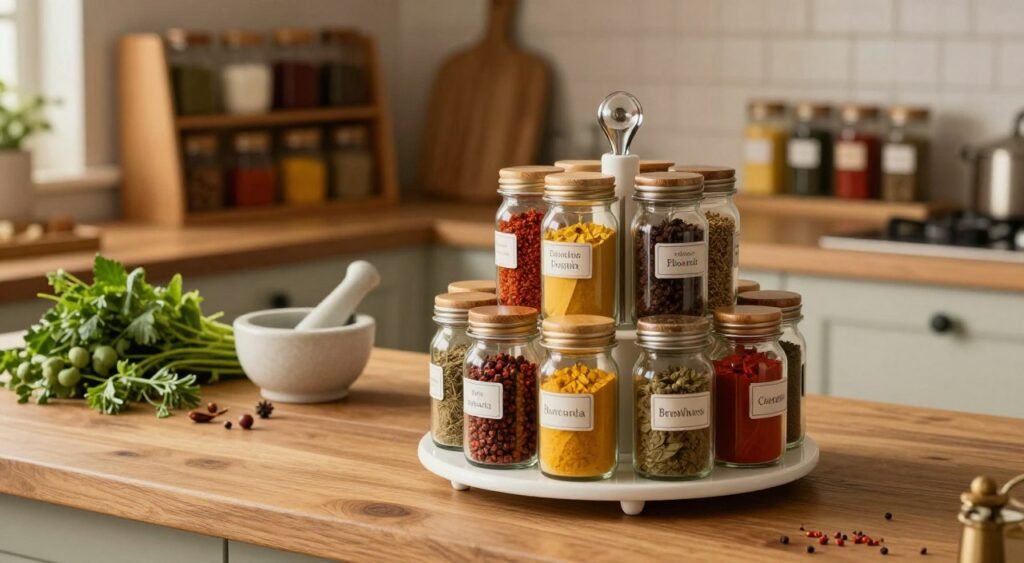 A beautifully organized spice storage solution in a warm, inviting kitchen setting. In the foreground, a stylish rotating spice rack is filled with various jars of colorful spices, each labeled with elegant typography. The middle ground features a wooden countertop with an assortment of fresh herbs, mortar and pestle, and a compact shelving unit displaying neatly arranged spice containers. The background showcases a cozy kitchen atmosphere, with soft lighting illuminating the scene, creating a welcoming ambiance. The angle is slightly overhead, focusing on the spice rack while allowing hints of the kitchen's rustic charm. The overall mood should feel organized yet inviting, emphasizing efficiency and aesthetics in spice storage.
