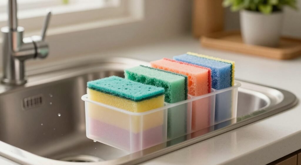 A close-up view of a plastic sponge holder designed for a kitchen sink, showcasing its practical but minimalistic design. The foreground features the holder with an array of colorful sponges neatly organized inside, highlighting its spacious design. In the middle, a stainless steel sink is partially visible, with droplets of water to imply recent use. The background includes a soft-focus kitchen countertop with dishwashing utensils and a potted plant, enhancing the homey feel. The lighting is warm and natural, suggesting a cozy kitchen environment, while the image is shot at a slight angle to create depth, evoking a sense of everyday domestic life.