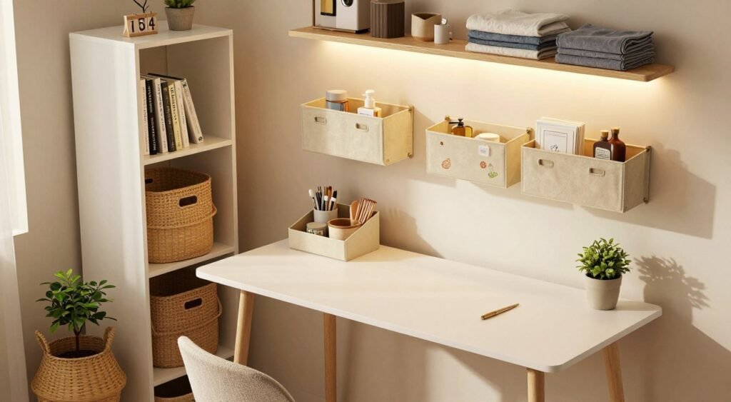 A cozy, well-organized small living space featuring budget-friendly organizers in various rooms, including a sleek bookshelf, storage bins, and a stylish wall-mounted rack. In the foreground, showcase a tidy corner with woven baskets and a small plant to add a touch of greenery. The middle ground should highlight a minimalist desk with essential office supplies neatly arranged in an organizer tray. In the background, softly lit walls showcasing shelves filled with neatly folded clothes and decorative items enhance the overall organization theme. The lighting is warm and inviting, creating a welcoming atmosphere. Use a slightly elevated angle to capture the depth of the room, emphasizing the utility of each item while conveying a sense of harmony and balance in the small space.