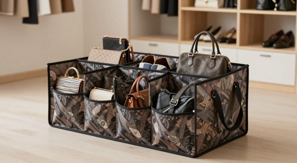 A detailed fabric bag organizer displayed prominently in a clean, well-lit closet environment. The organizer is crafted from high-quality, patterned fabric, featuring multiple compartments and pockets for various bag sizes. In the foreground, the organizer is filled with an assortment of handbags, from small clutches to larger totes, showcasing its versatility. The middle layer includes neatly arranged shoes and accessories, giving a sense of organization. The background is softly blurred, hinting at a stylish cabinet with wooden shelves and soft ambient lighting creating a warm, inviting atmosphere. The overall mood is one of functionality and elegance, highlighting the practicality of fabric organizers compared to others. The angle is slightly tilted downwards, emphasizing the structure and details of the organizer.