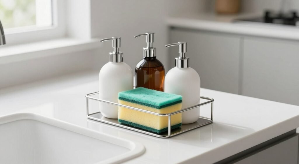 A minimalist kitchen sink organizer made of polished stainless steel, elegantly designed to hold various soap dispensers and sponges. The foreground features the organizer filled with sleek, modern soap bottles and vibrant sponges, contrasting subtly against the metallic finish. In the middle ground, a glossy white sink reflects soft natural light coming from a nearby window, enhancing the shiny texture of the organizer. The background shows a blurred, modern kitchen with light-colored cabinets and a hint of greenery for a fresh feel. The mood is clean and contemporary, capturing the practicality and aesthetic appeal of a stainless steel sink organizer. The image is well-lit with soft, diffused lighting, emphasizing the modernity of the design from a slightly elevated angle.