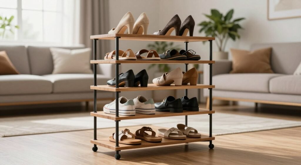 A modern, elegant vertical shoe organizer displayed in a stylish living room setting. The foreground features the shoe organizer, crafted from wood and metal, with multiple shelves neatly showcasing an array of shoes such as heels, sneakers, and sandals in various colors. The middle ground includes a contemporary couch and decorative plants, adding warmth to the scene. The background reveals a softly lit window, allowing natural light to fill the room, creating a bright and inviting atmosphere. The image is captured from a slight angle to emphasize the height and design of the organizer, with a shallow depth of field that keeps the focus on the shoe organizer while blurring the surroundings. Overall, the mood is organized, minimalist, and aesthetically pleasing, perfect for showcasing a practical storage solution.