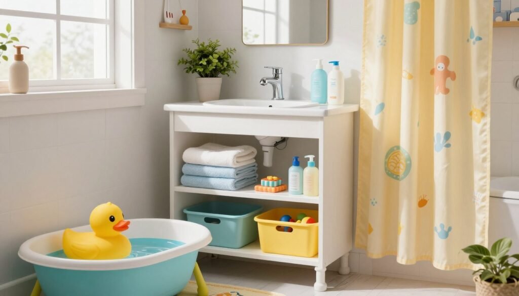A small, well-organized bathroom designed for families with children. In the foreground, a colorful, neatly arranged children's bath time area features a rubber duck, small towels, and kid-friendly toiletries. The middle ground showcases a compact vanity with open shelving, displaying neatly stacked towels, a touch of greenery from a small plant, and labeled storage bins for toys and bath essentials. The background reveals a bright, cheerful shower curtain adorned with playful patterns. Soft, natural light filters through a frosted window, creating a warm and inviting atmosphere. The composition conveys a sense of harmony and practicality, capturing the essence of a family-friendly, organized small bathroom.