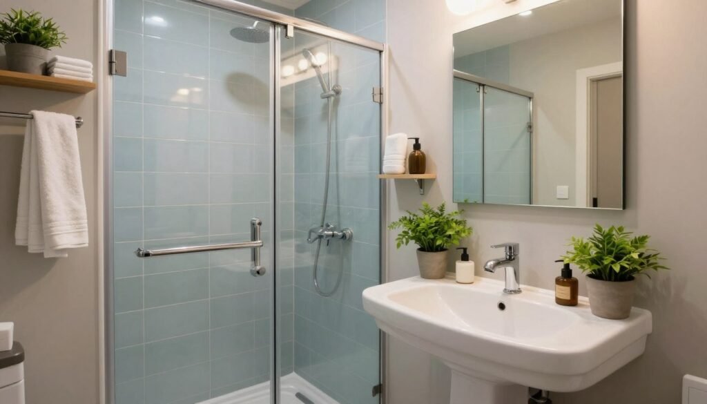 A stylish and functional small bathroom decorated with modern design elements. In the foreground, a sleek white pedestal sink with a neatly organized countertop featuring green potted plants and tasteful bath accessories. The middle shows a compact shower with glass doors, accented by contemporary tiles in soft blue hues. Wall-mounted shelving displays neatly folded towels and decorative items, emphasizing organization. In the background, muted lighting creates a warm atmosphere, with a large mirror reflecting the space, making it appear larger. Use a slight angle to capture depth, highlighting the combination of style and functionality in a cozy, inviting environment. The scene should be bright and airy, enhancing the feeling of openness in the small bathroom space.