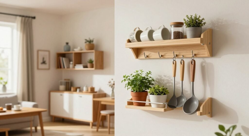 A stylish and functional wall organizer featuring hooks and shelves, displayed in a modern, small living space. In the foreground, emphasize neatly arranged kitchen essentials like mugs, herbs in pots, and utensils on the hooks. The middle ground reveals a compact, well-organized area with compact shelving holding books and decorative items, enhancing the aesthetic. The background shows warm, natural lighting filtering in through a window, creating an inviting atmosphere. Utilize a wide-angle lens to capture the entire scene, accentuating the practicality of the wall organizer in a small home. The overall mood is bright and cheerful, promoting the idea of efficient use of space in small homes.