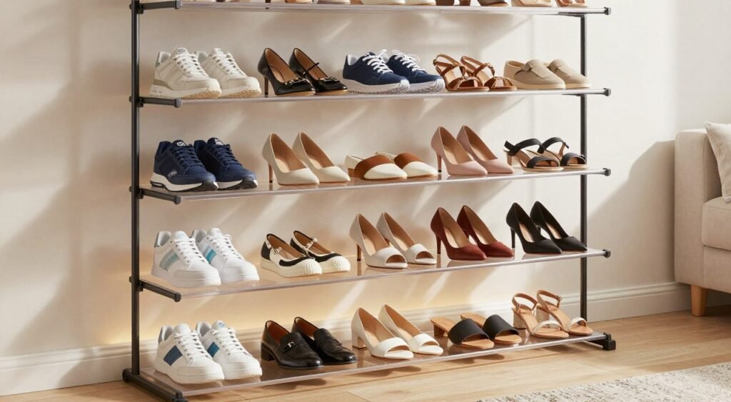 A stylish and modern vertical shoe organizer, elegantly arranged with various types of footwear. In the foreground, showcase a range of shoes including sneakers, heels, and sandals neatly organized on clear shelves. The middle section features soft ambient lighting that casts gentle shadows, enhancing the texture of the shoes and the sleek design of the organizer. In the background, a minimalistic room decor with neutral colors complements the shoe organizer, creating a clean, sophisticated atmosphere. The image is captured from a slightly elevated angle to showcase the depth and variety of the shoe collection, evoking a sense of organization and elegance. The overall mood is bright, inviting, and practical, perfect for a home setting.
