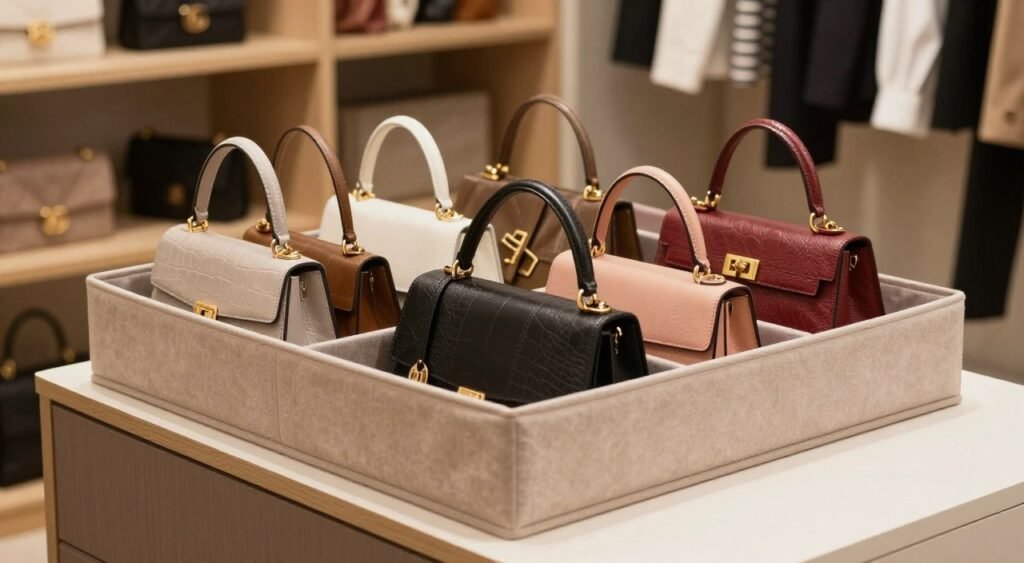 A stylish and practical handbag organizer displayed within a walk-in closet setting. In the foreground, the organizer features various compartments, designed for easy access to different handbag styles and accessories, showcasing textures like soft fabric and sleek leather. The middle ground includes a row of elegant handbags neatly arranged in the organizer, with colors ranging from muted pastels to bold shades. The background consists of well-organized shelves and clothing racks, softly lit with warm, gentle lighting to create a cozy yet sophisticated atmosphere. The camera angle is slightly tilted downwards, emphasizing the meticulous organization and inviting the viewer to imagine their own space. The overall mood is one of elegance and efficiency, reflecting the theme of organization and final thoughts on handbag storage solutions.