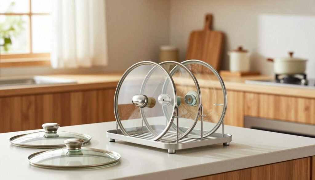 A well-organized kitchen scene featuring a sleek, modern pot lid organizer positioned on a countertop. In the foreground, the lid organizer displays multiple pot lids of various sizes, showcasing their transparent glass surfaces and shiny metal handles. The middle ground captures a sun-drenched kitchen with warm wood cabinetry and countertops. On the background wall, soft natural light filters through a window adorned with delicate curtains, creating a bright and inviting atmosphere. The scene evokes a sense of order and efficiency, reflecting common mistakes made in lid organization, such as overcrowding or misplacement, subtly suggested by the disorganized lids lying nearby. The image should be captured with a soft focus lens to highlight the warmth and clarity of the setting, enhancing the emotional appeal of a well-organized kitchen space.